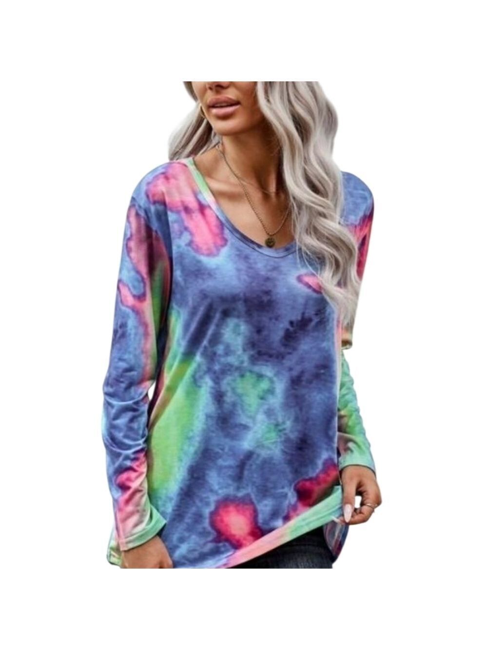 TRÏBE Pink & Blue Multi Watercolor Long Sleeve Top Size Small NWT
